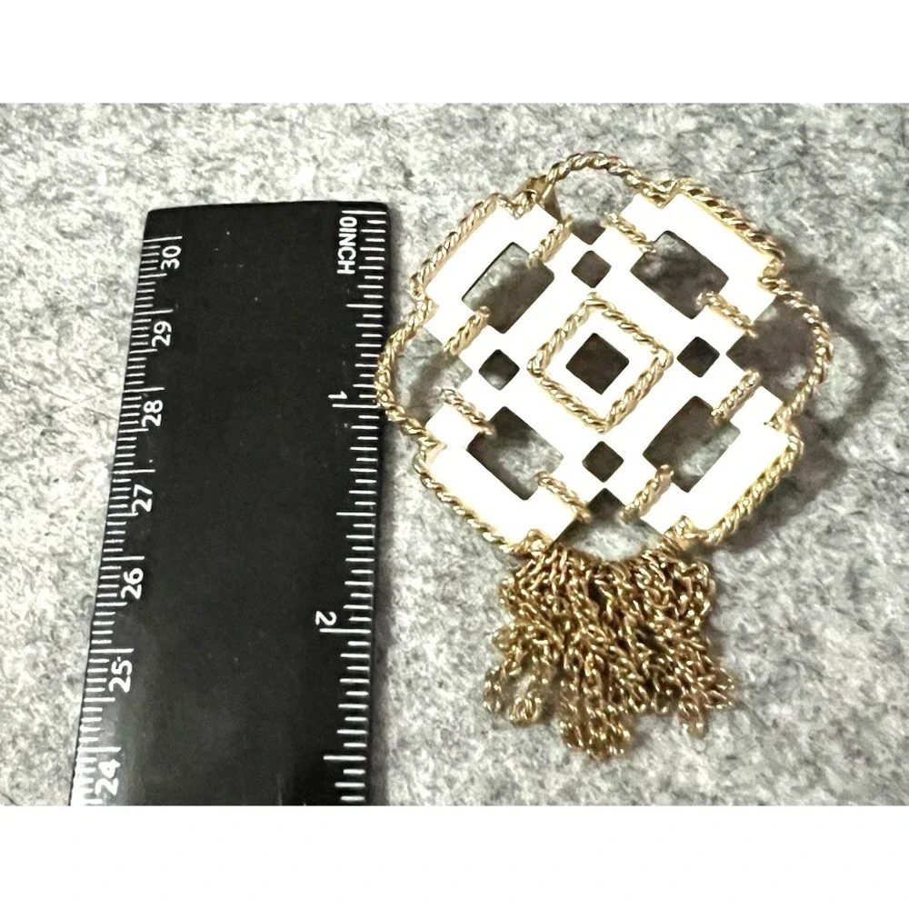 Geometric Shape White Enamel Gold Wire Tassels AVON Vintage pendant Brooch